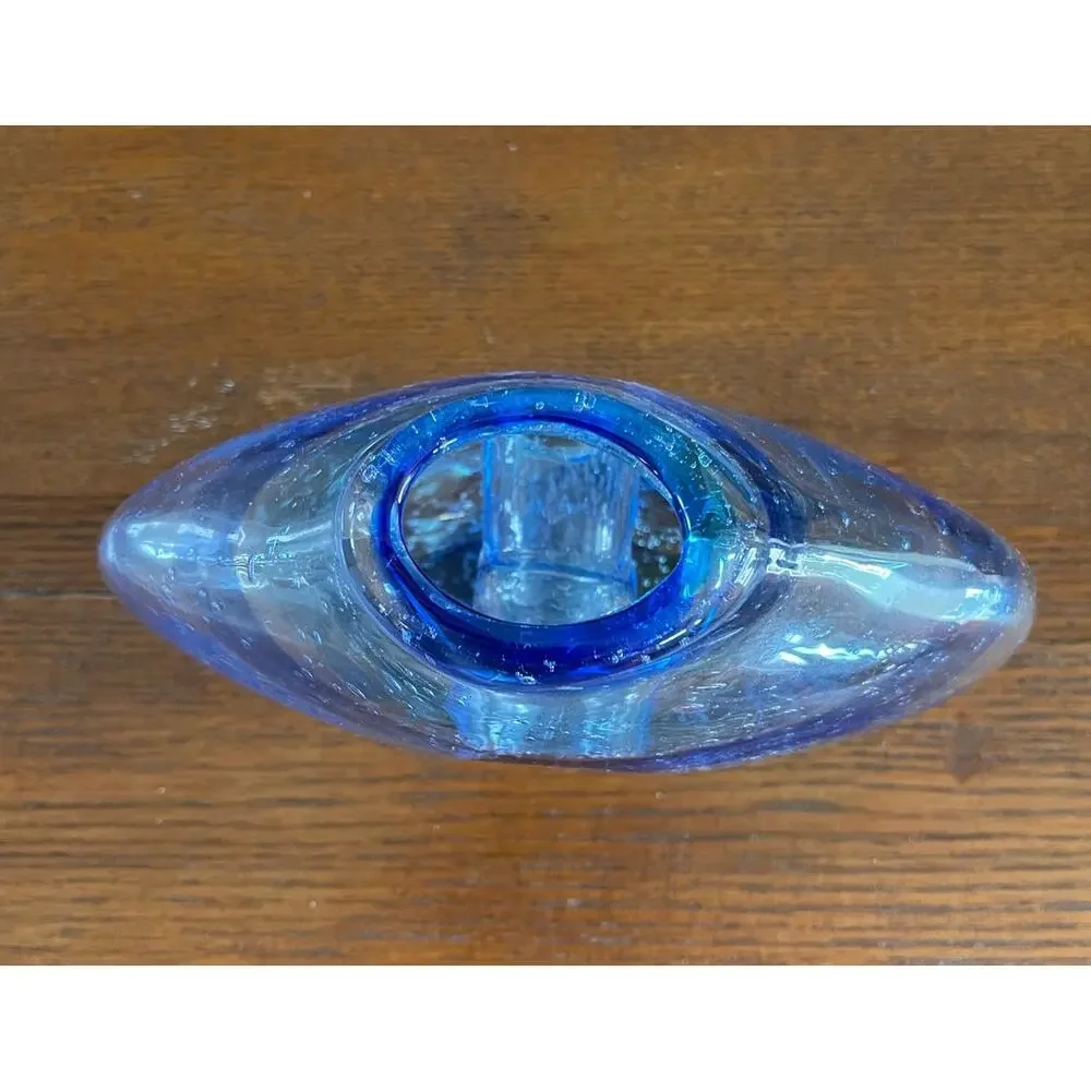 Italian Art Glass Vase with Donut Hole Blue Ribbon Swirls Hand Blown 7